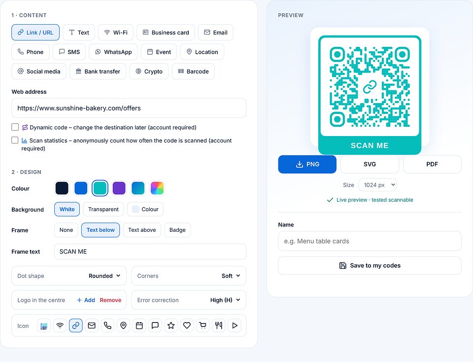 Create page: web address entered, colour teal, frame “Text below” with SCAN ME and a link symbol in the middle; on the right the preview with PNG, SVG and PDF download buttons.