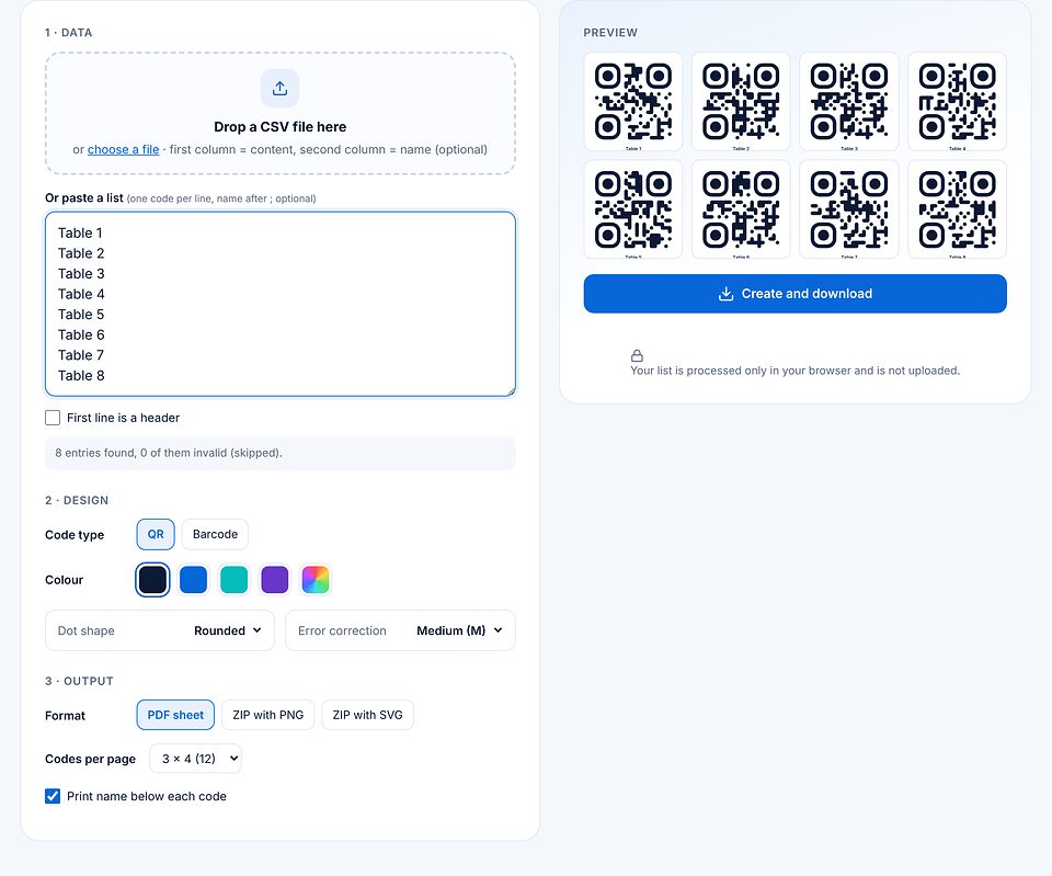 Bulk page: list with Table 1 to Table 8, design settings, output PDF sheet with 12 codes per page and a preview of the eight codes with names.