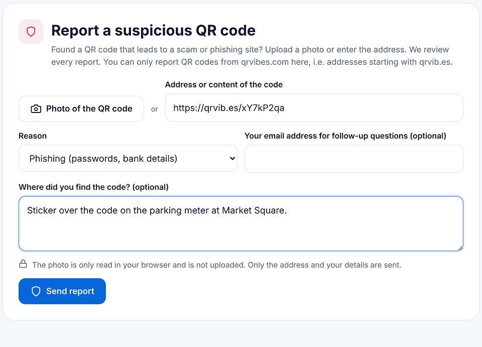 Report a suspicious QR code form with address, reason phishing, where it was found and the Send report button.