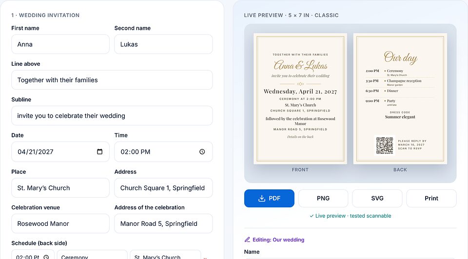 Wedding invitation template: input fields for names, date, time and venues on the left, live preview of front and back with QR code on the right.